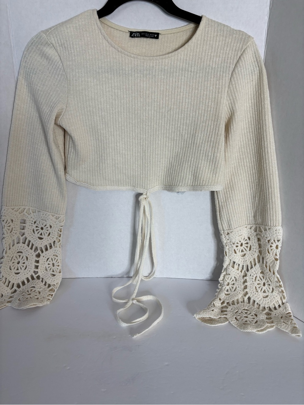 Zara Cream Ribbed Crop Top with Crochet Bell Sleeves and Tie